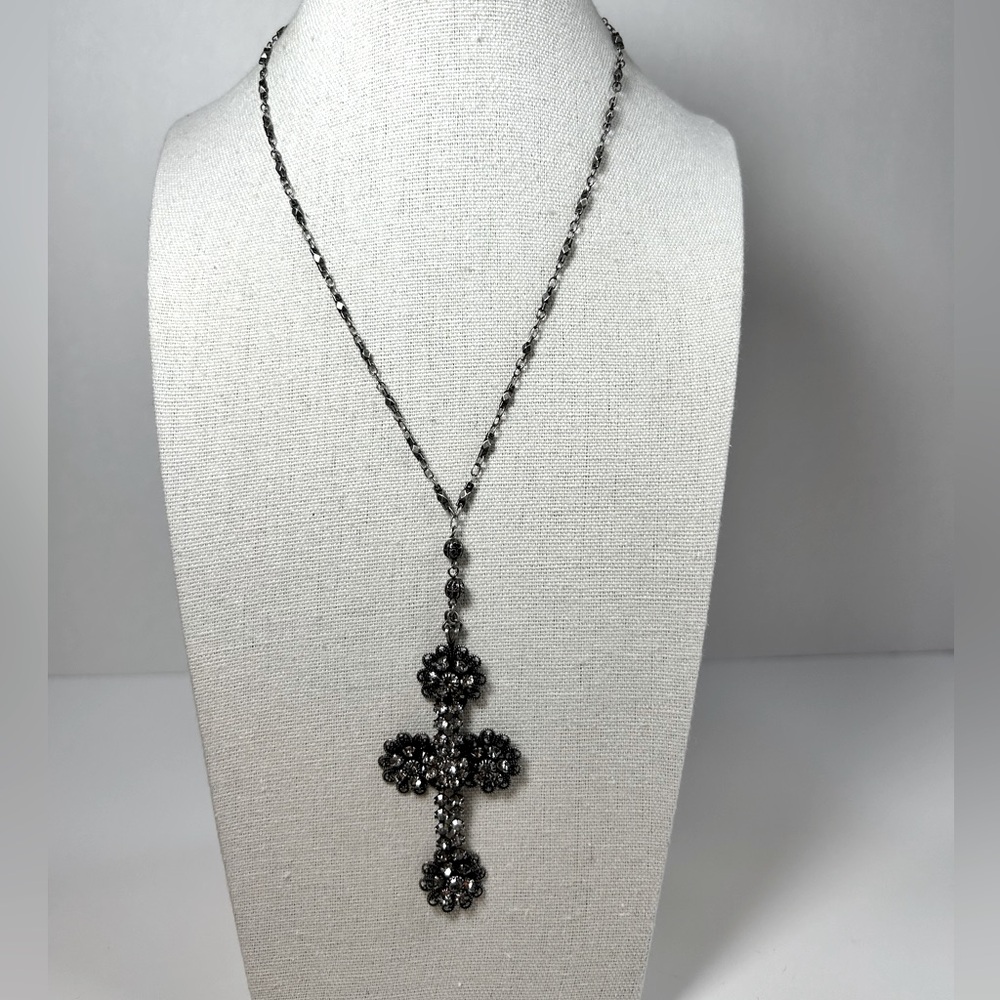 Vintage Silver Tone Chain Rhinestone Cross